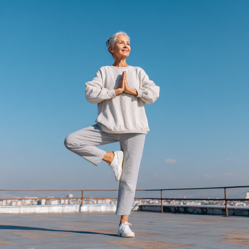 Oʻzbekistonlik katta yoshli ayol tabassum bilan yoga mashqlari qilmoqda, tinch va osoyishta muhitda